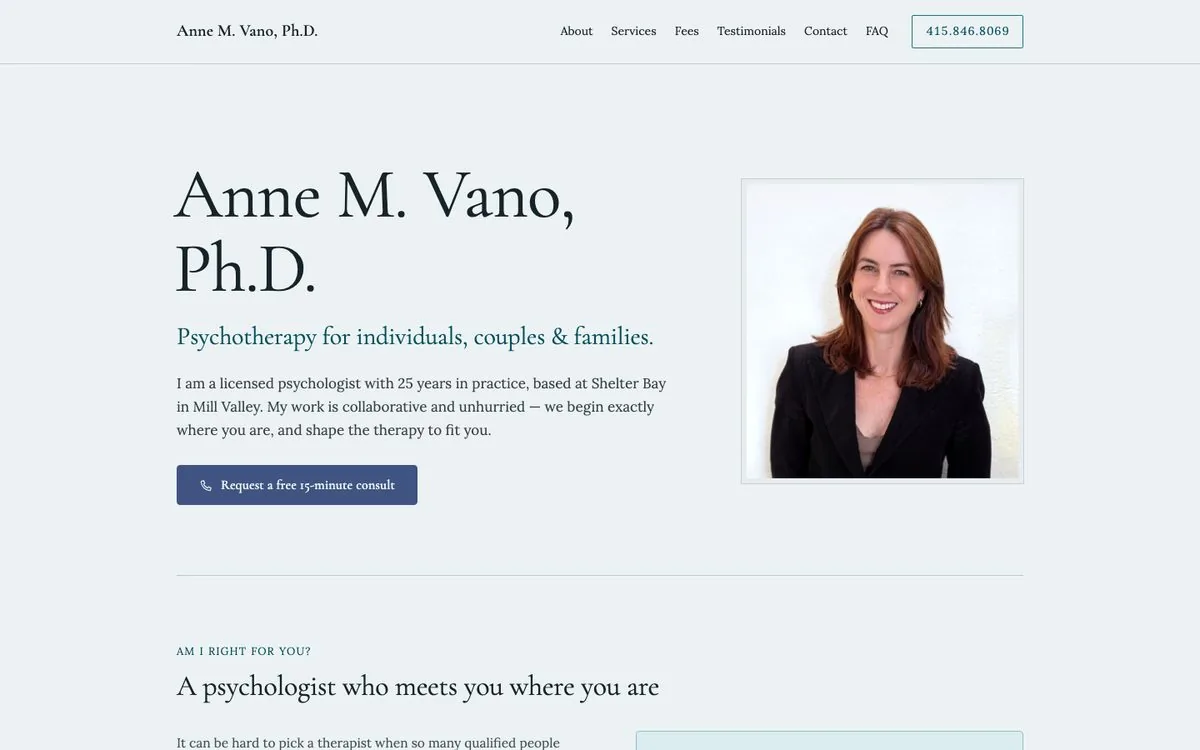 The redesigned annevano.com on desktop: her name, her portrait, and a free 15-minute consult button