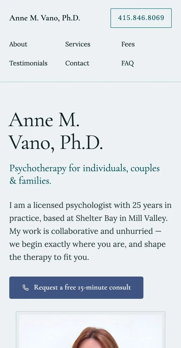 annevano.com on a phone: her name, the tap-to-call number, and the consult button