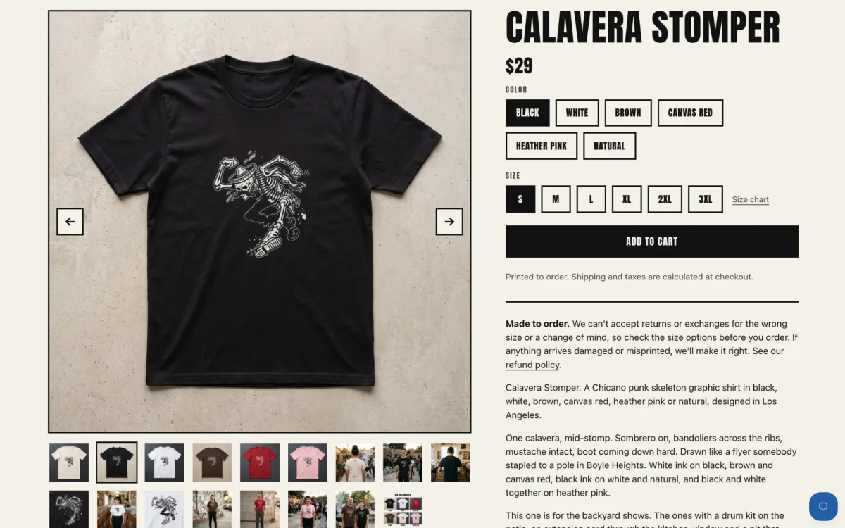 A Collectibility Shop product page: the Calavera Stomper tee with six color options, size pickers, mockup thumbnails and the made-to-order note