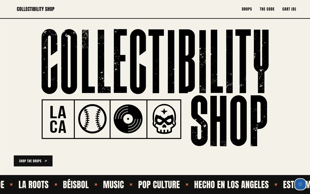 The Collectibility Shop homepage on desktop: the distressed wordmark beside its Los Angeles, baseball, vinyl and skull icons