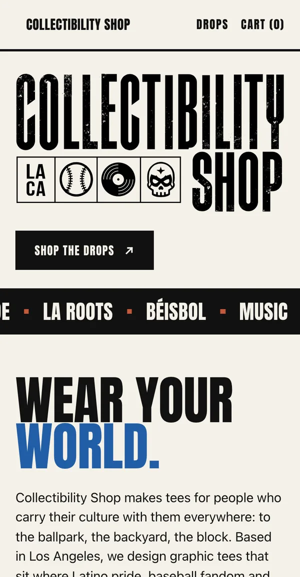 collectibility.us on a phone: the wordmark, a Shop the drops button and the culture ticker