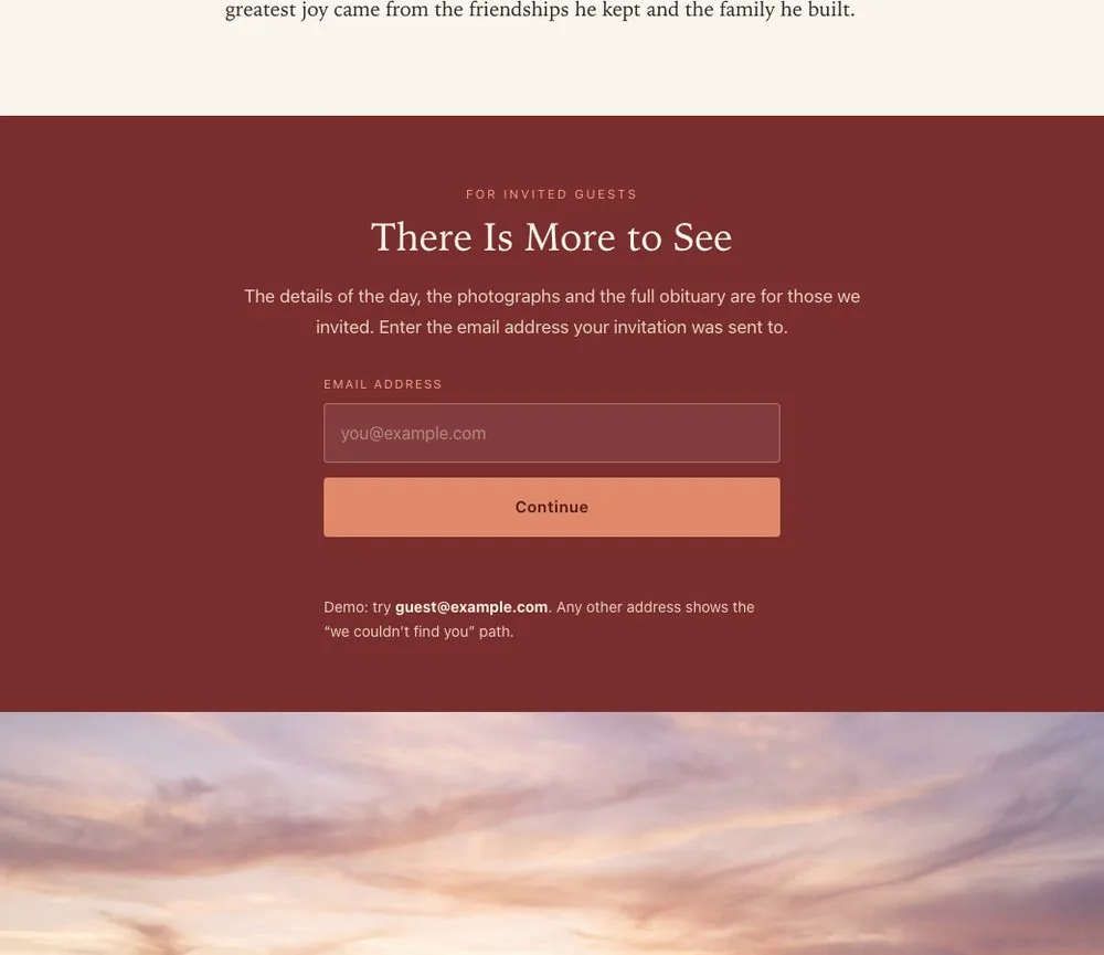 The email gate on the demo site: There Is More to See, for invited guests, with a single email field
