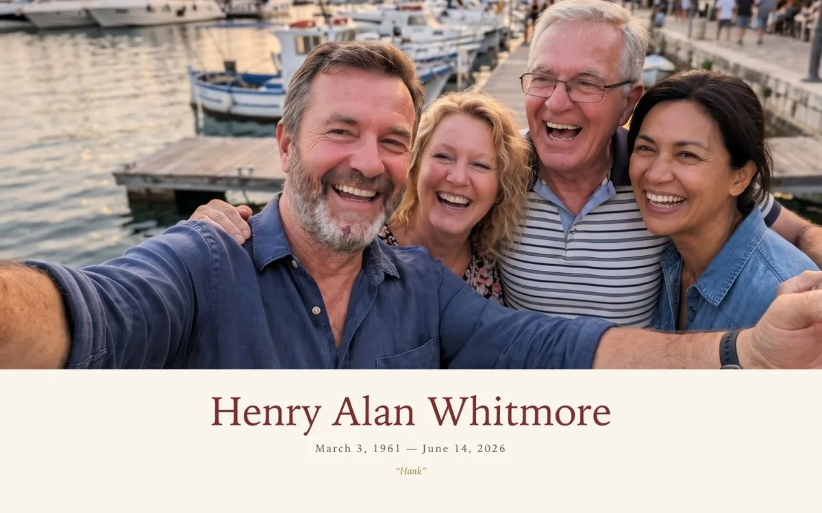 The demo celebration of life site: a family photo above the name Henry Alan Whitmore