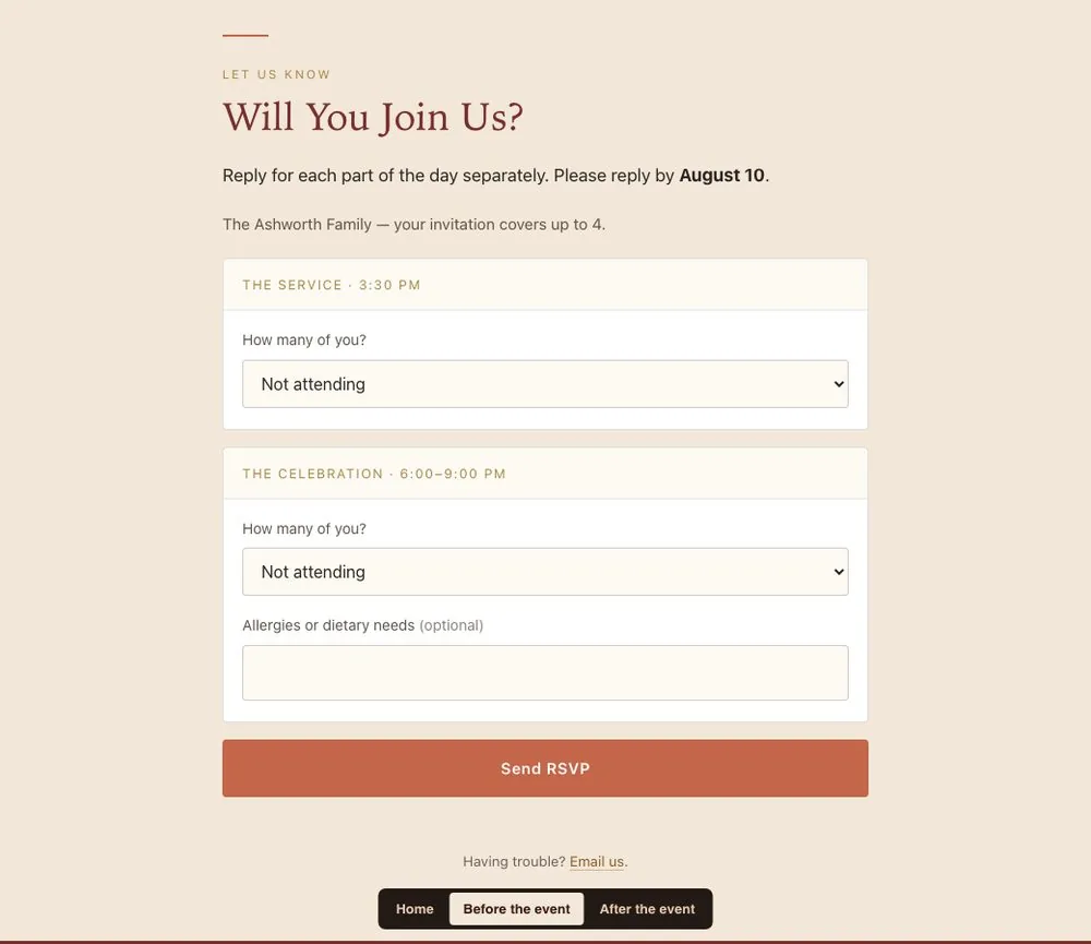 The RSVP form in the demo's private area: a reply for each event, an allergies field and a Send RSVP button