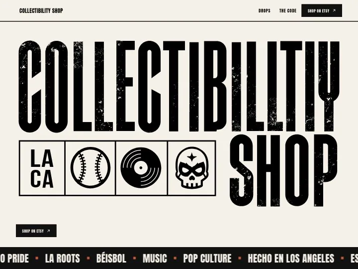 The Collectibility Shop homepage: the distressed wordmark beside its Los Angeles, baseball, vinyl and skull icons