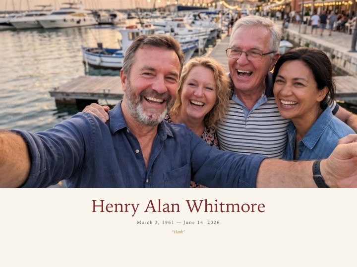 The demo celebration of life site: a family photo above the name Henry Alan Whitmore